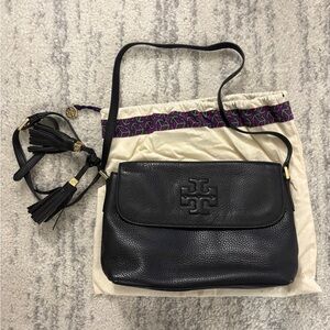 Tory Burch Thea Messenger Pebbled Leather Flap Closure Black Crossbody Bag